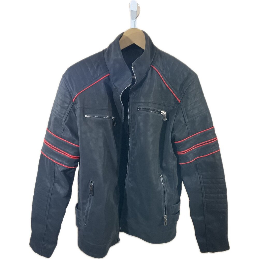 New Men's Black Faux Leather Biker Jacket -Red Stripes  Size: Small